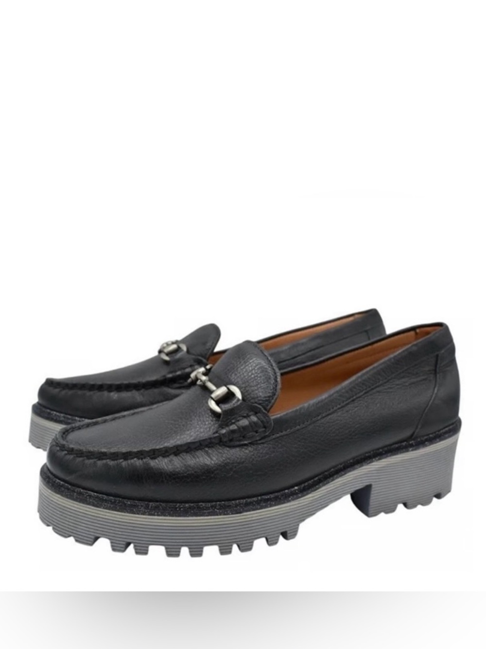 Johnston & Murphy Black Leather Bit Loafers with Gray Lug Sole